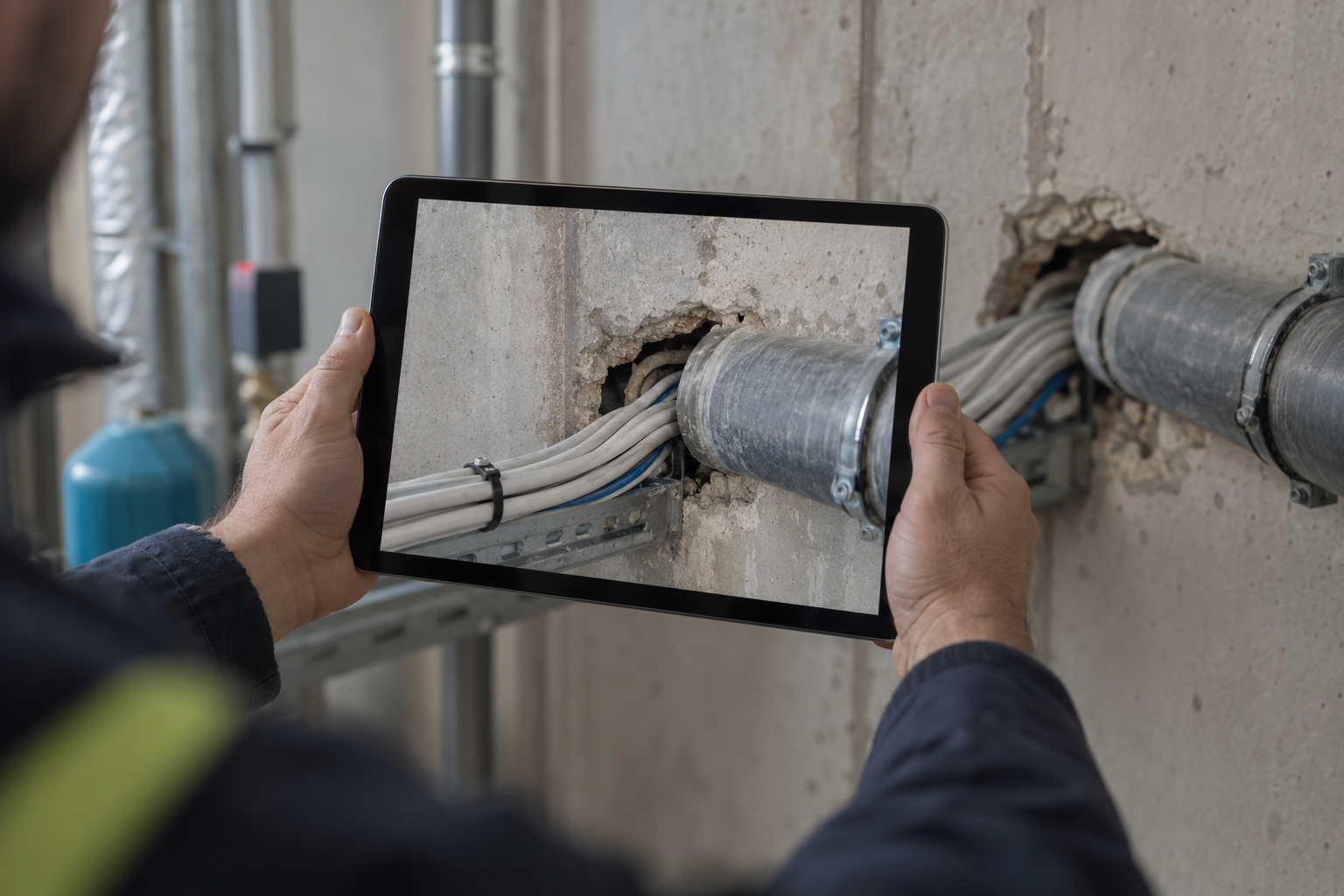 Tablet met brandveiligheidsinspectie app fotografeert een niet afgedichte doorvoering in een brandscheiding